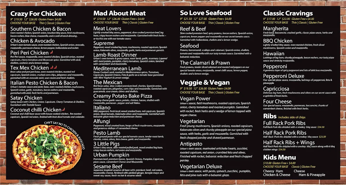 Menu, Urban Pizza Company