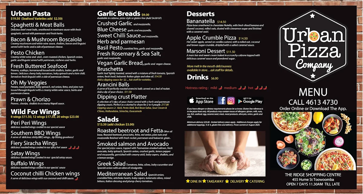 Menu, Urban Pizza Company