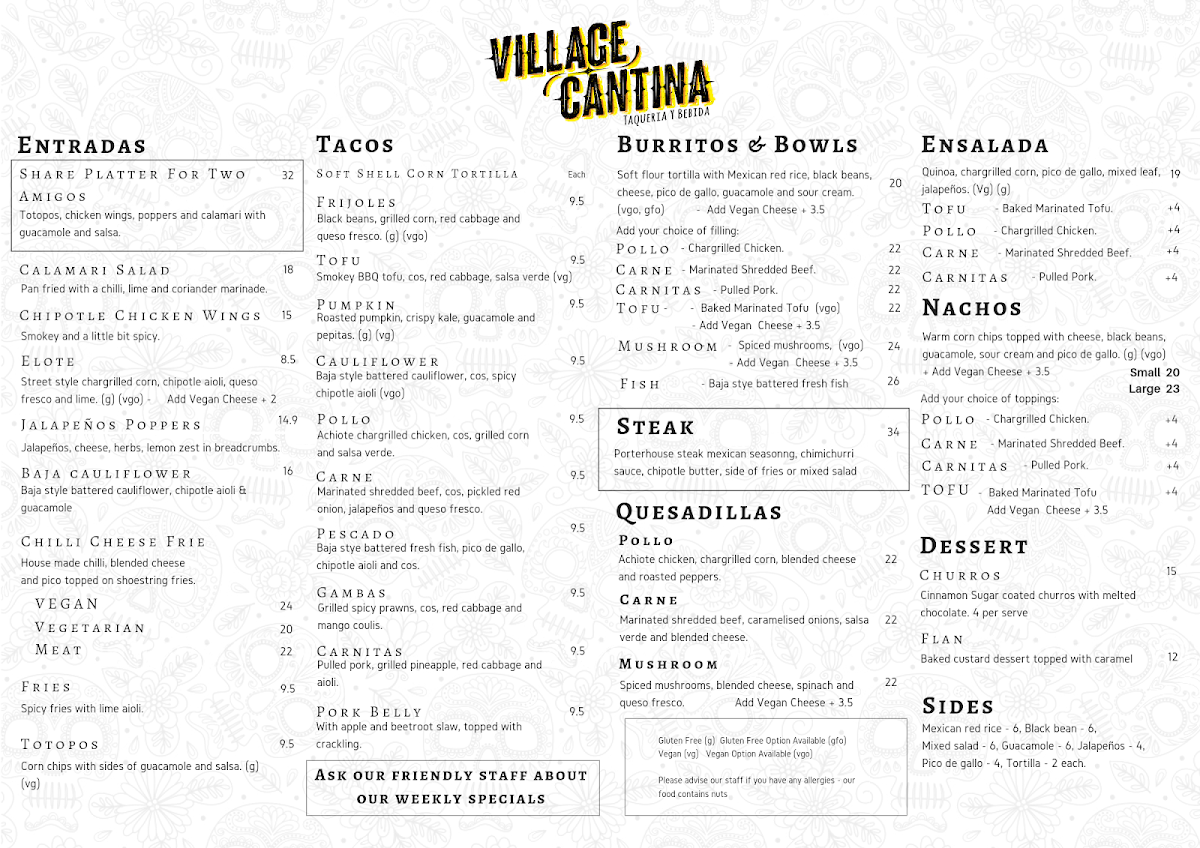 Menu, Village Cantina Werribee