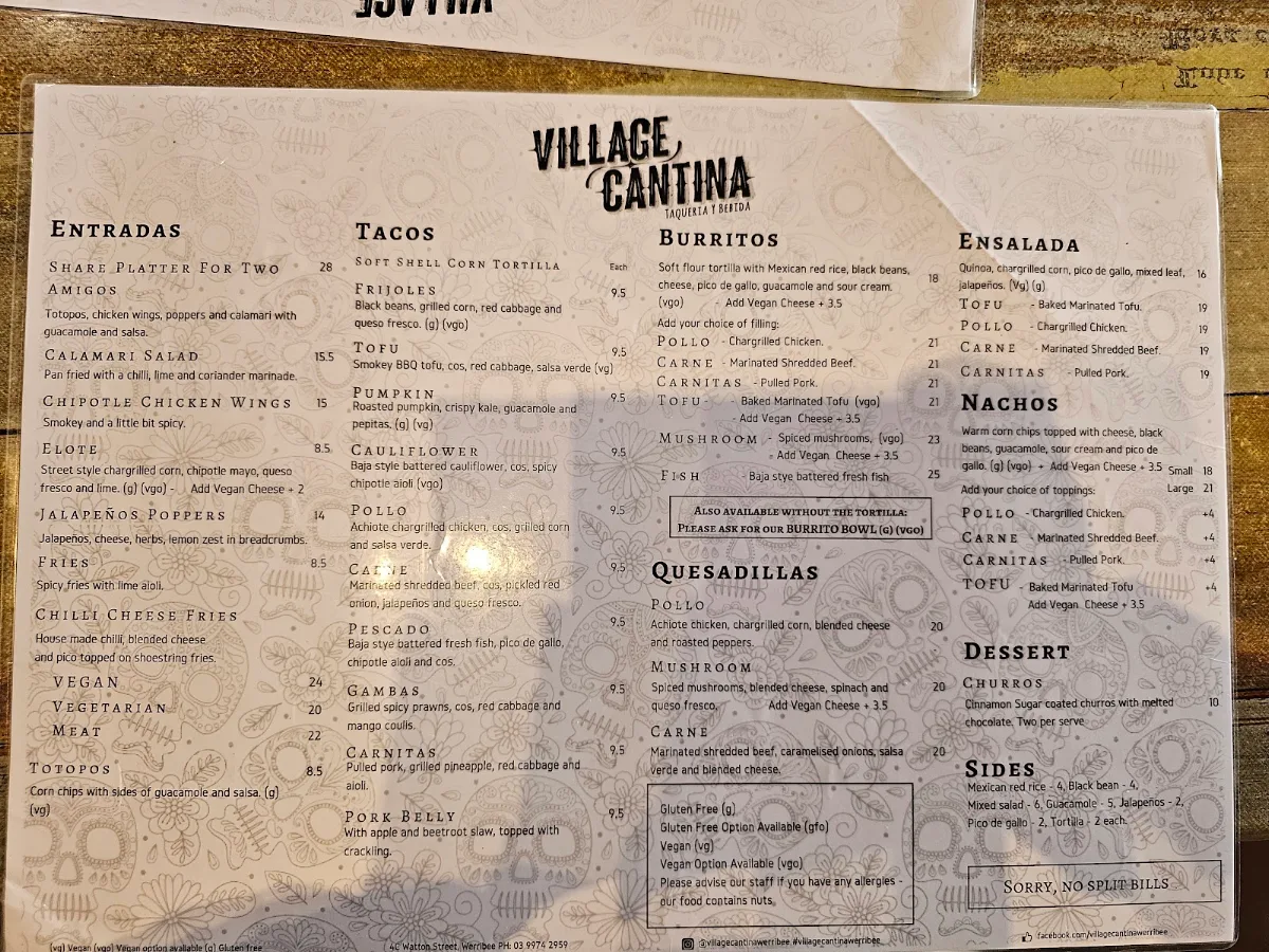 Menu, Village Cantina Werribee