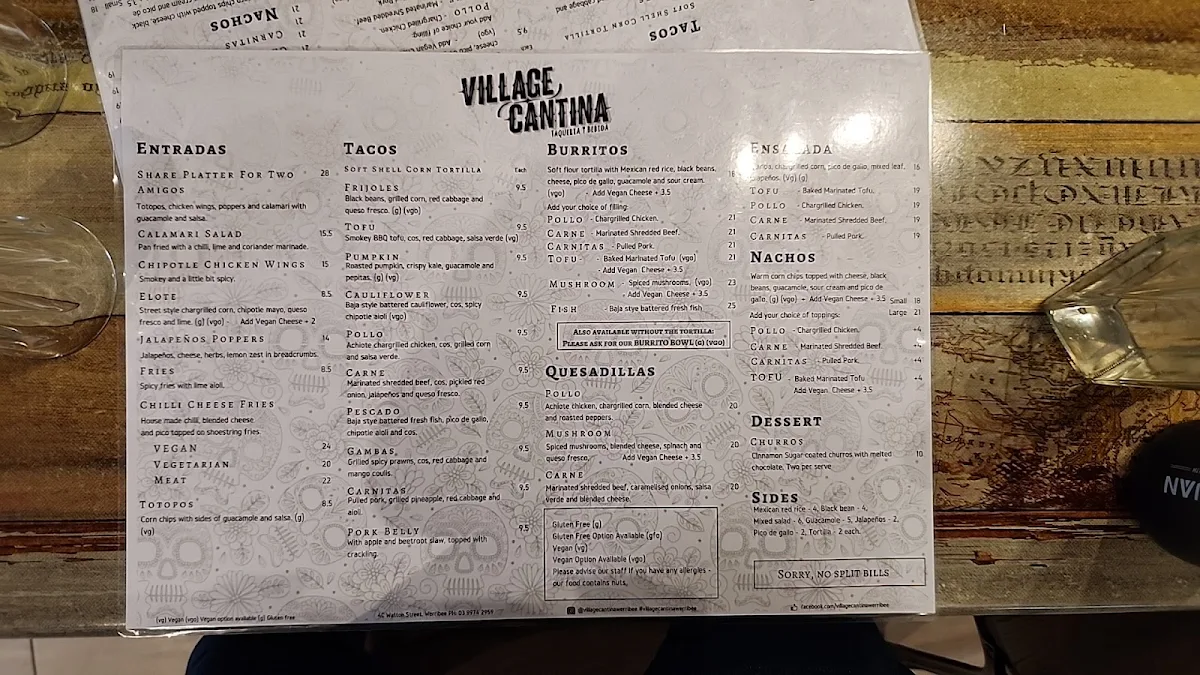 Menu, Village Cantina Werribee