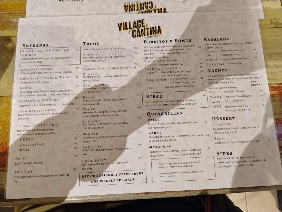 Menu, Village Cantina Werribee