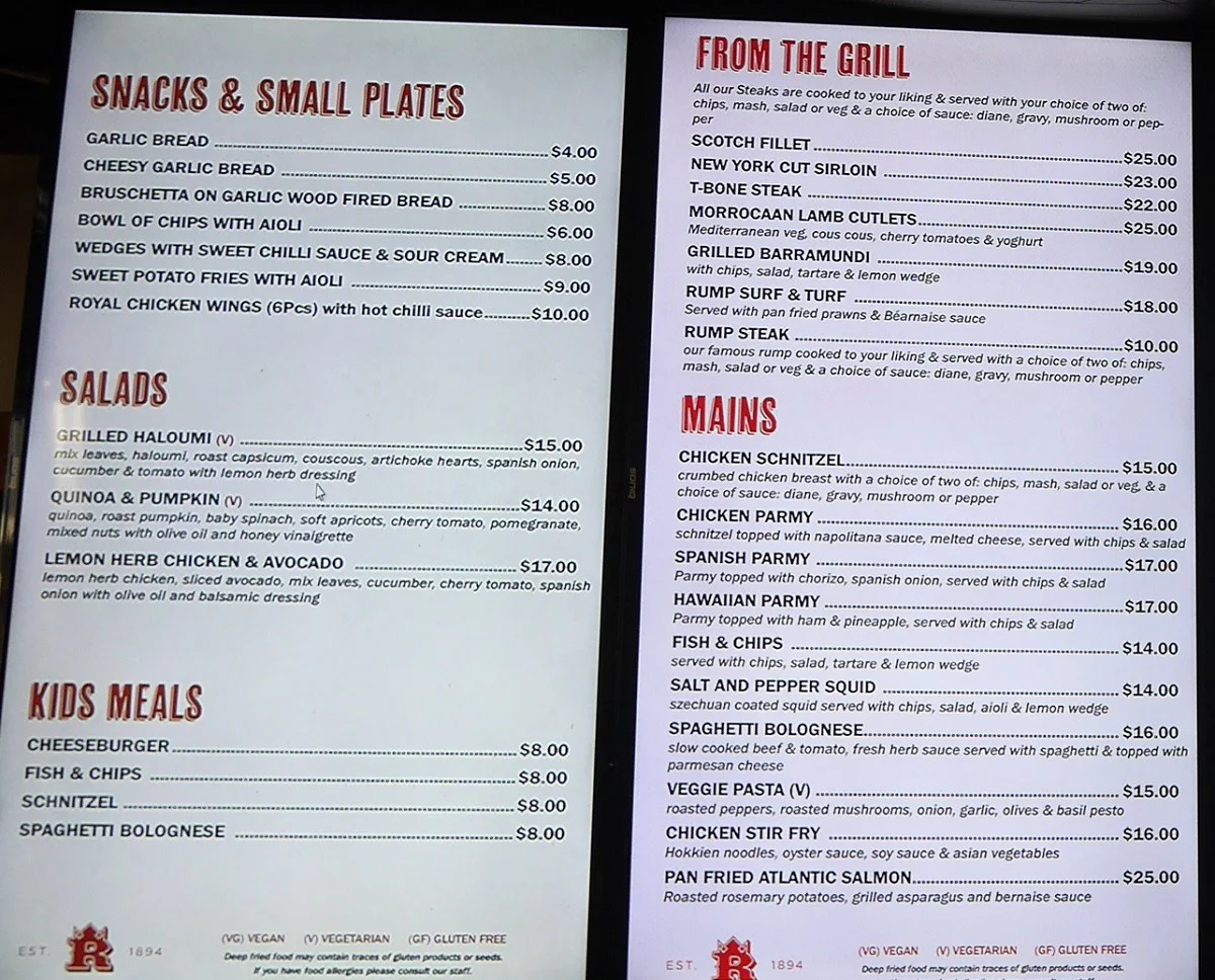 Menu, Royal Hotel Darlington