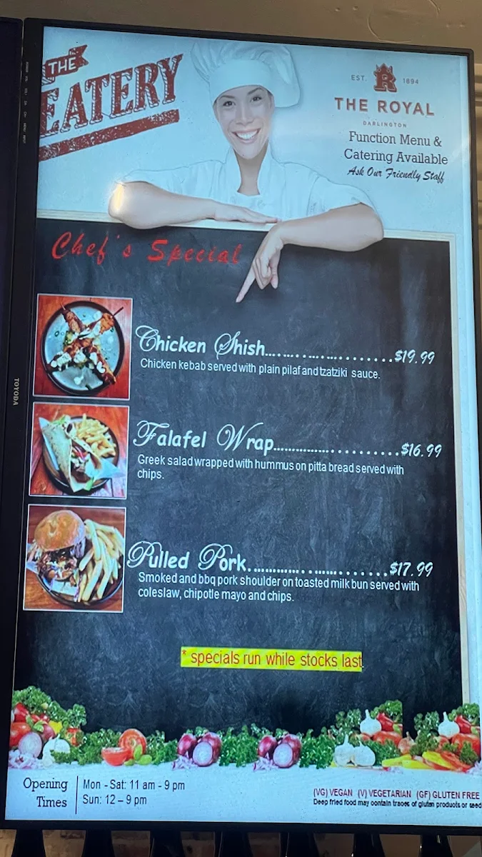 Menu, Royal Hotel Darlington
