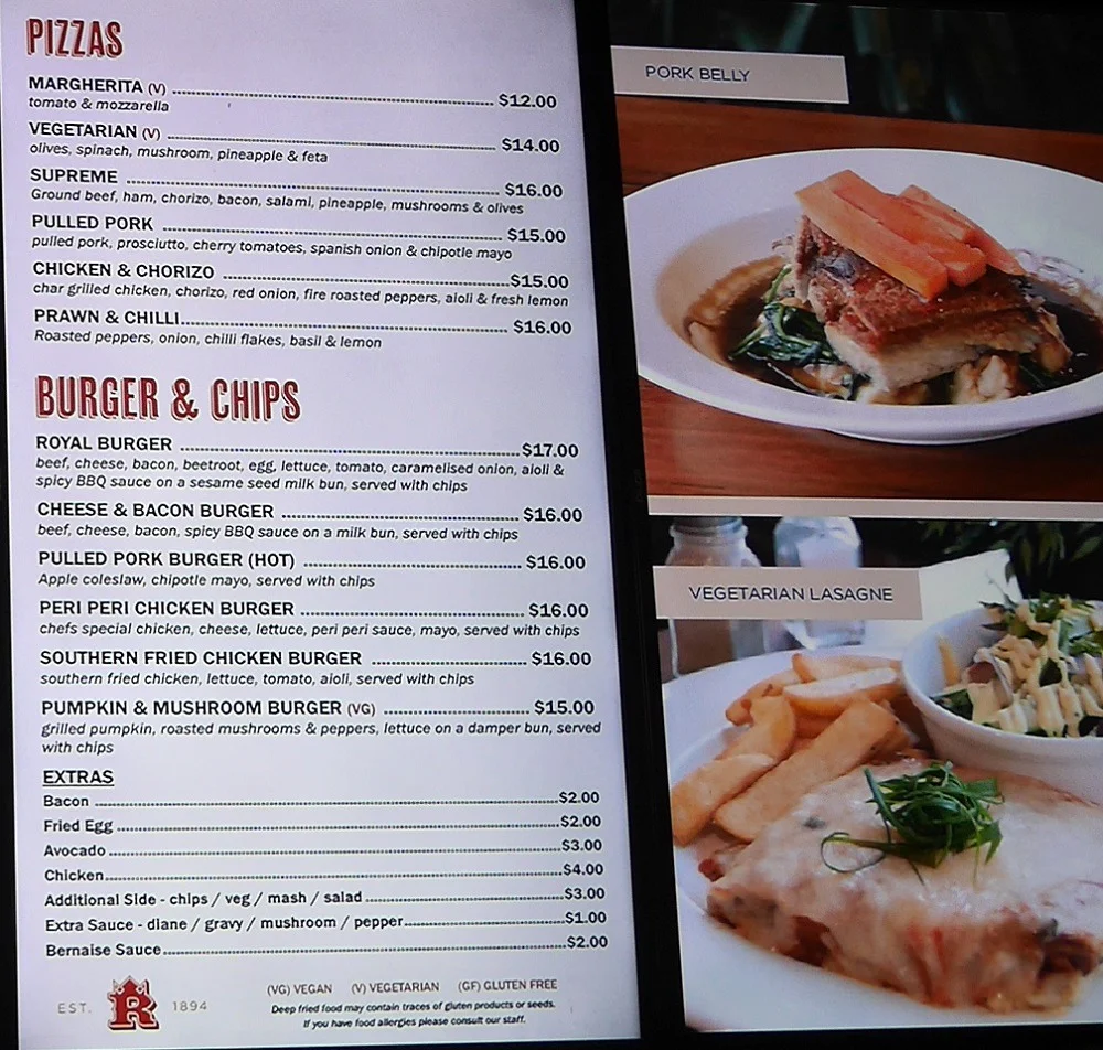 Menu, Royal Hotel Darlington