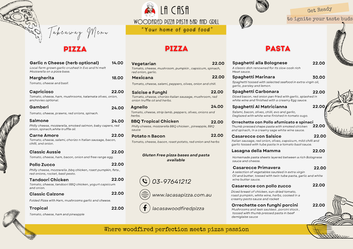Menu, La Casa Woodfired Pizza Pasta Bar & Grill