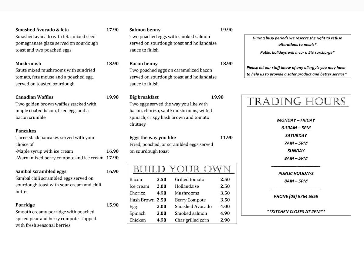 Menu, Choco Bean Cafe