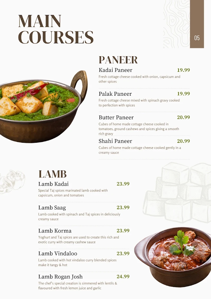 Menu, Taj NEW PLACE