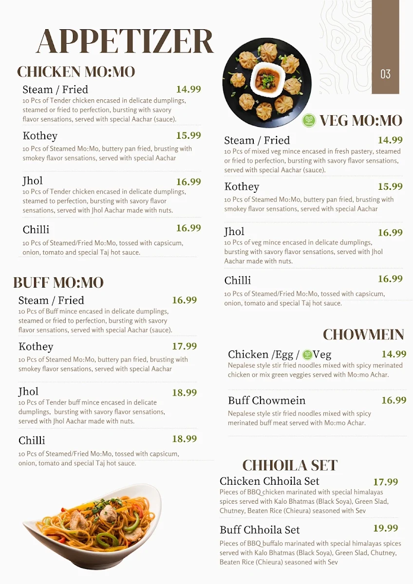 Menu, Taj NEW PLACE