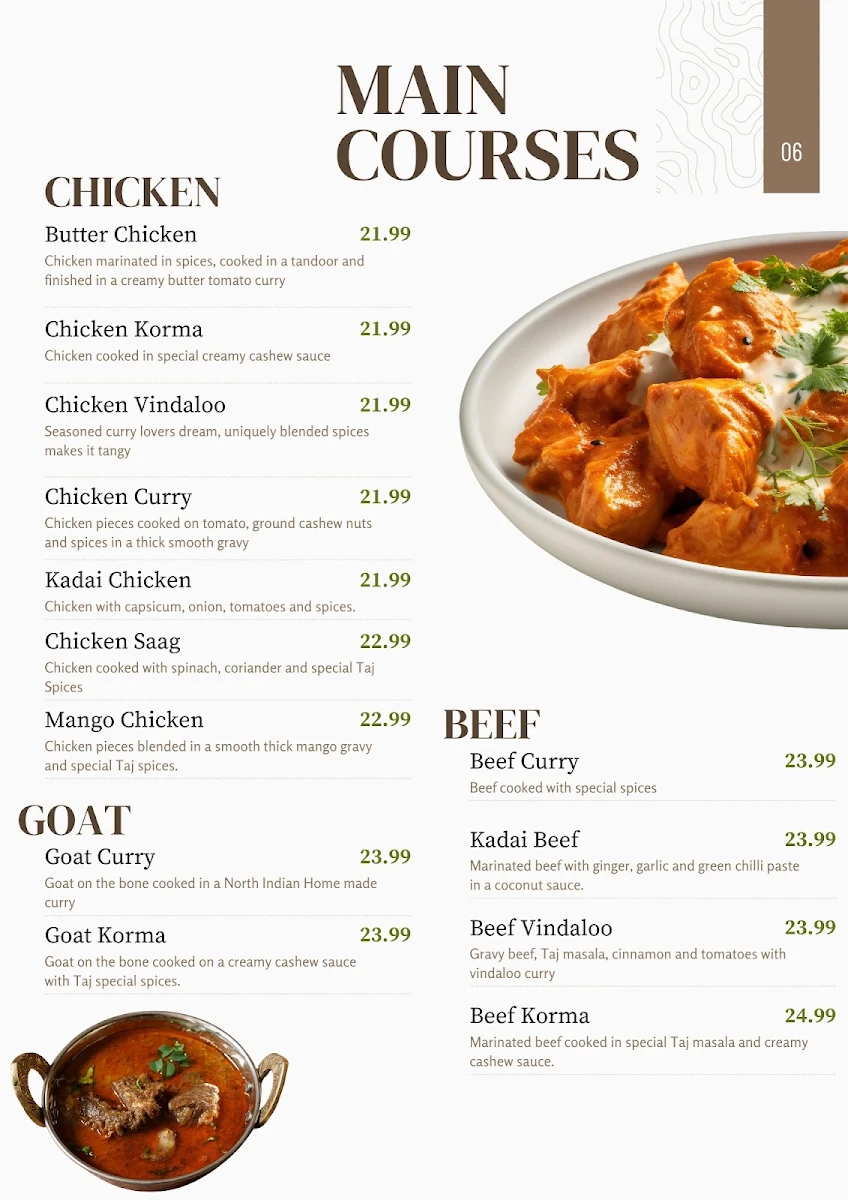 Menu, Taj NEW PLACE