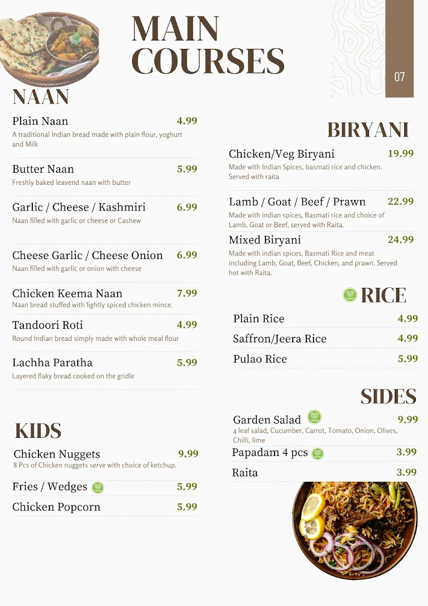 Menu, Taj NEW PLACE