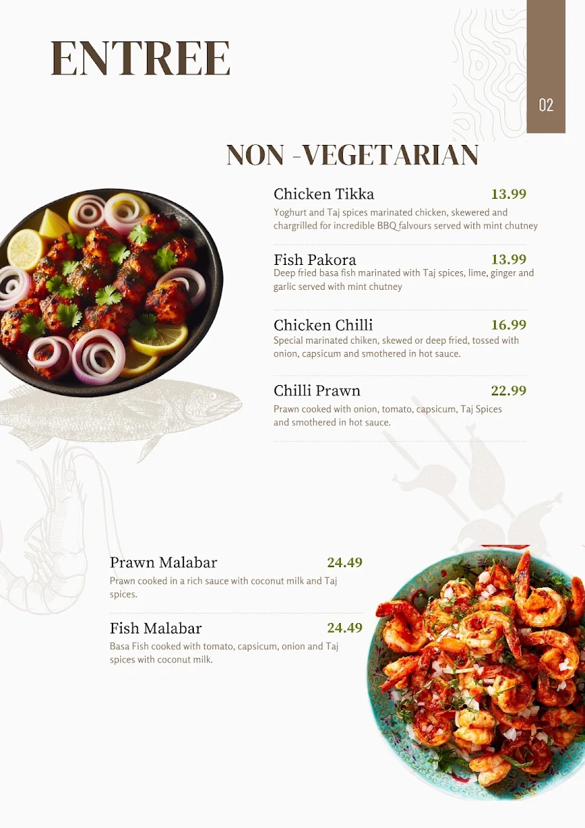 Menu, Taj NEW PLACE