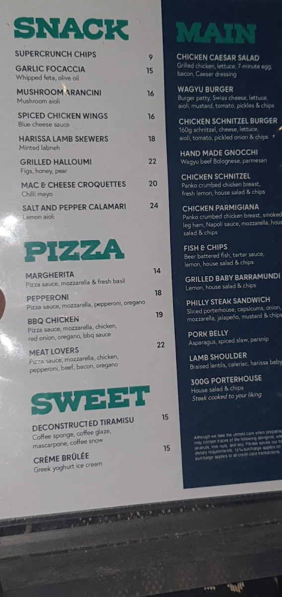 Menu, Caulfield Hotel