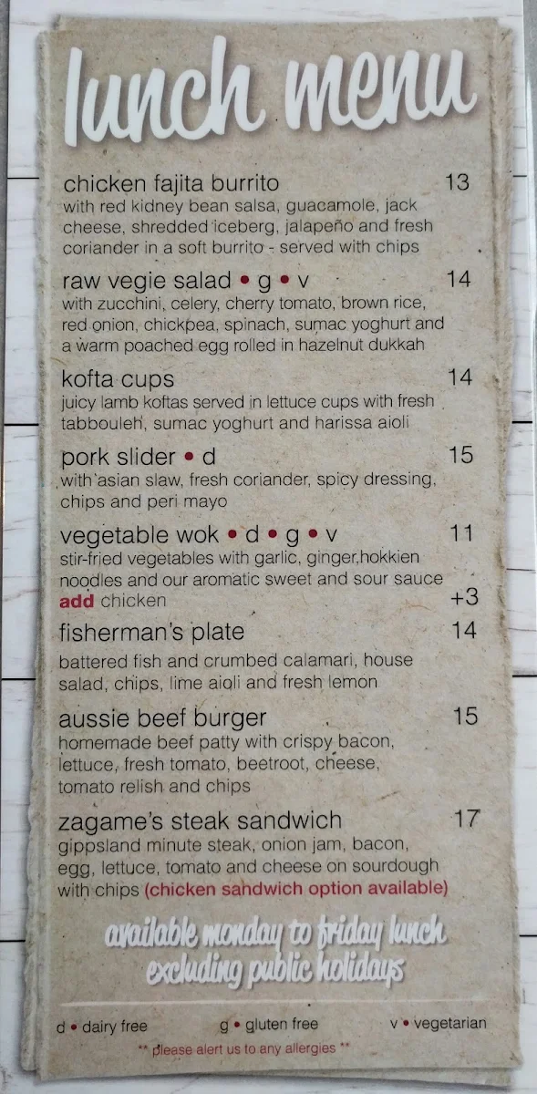 Menu, Caulfield Hotel