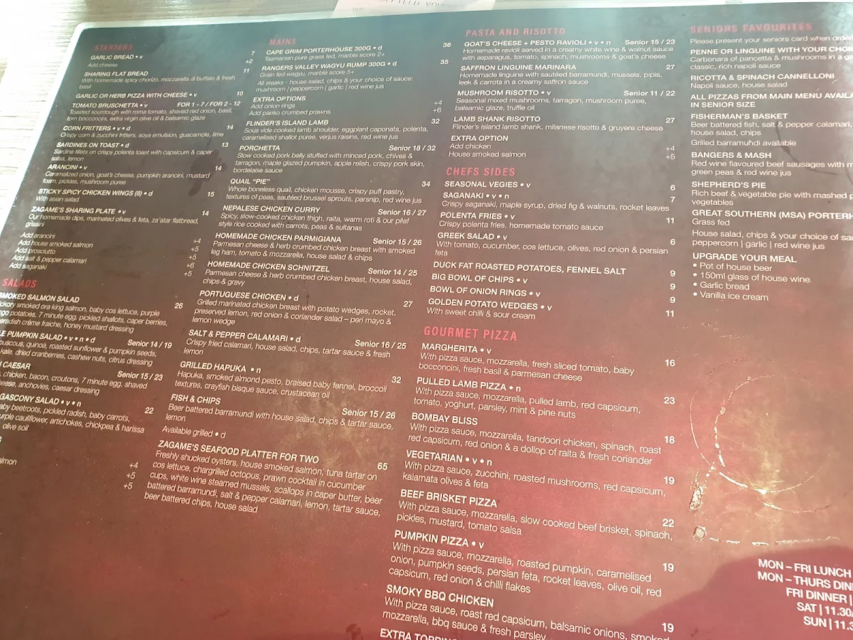 Menu, Caulfield Hotel
