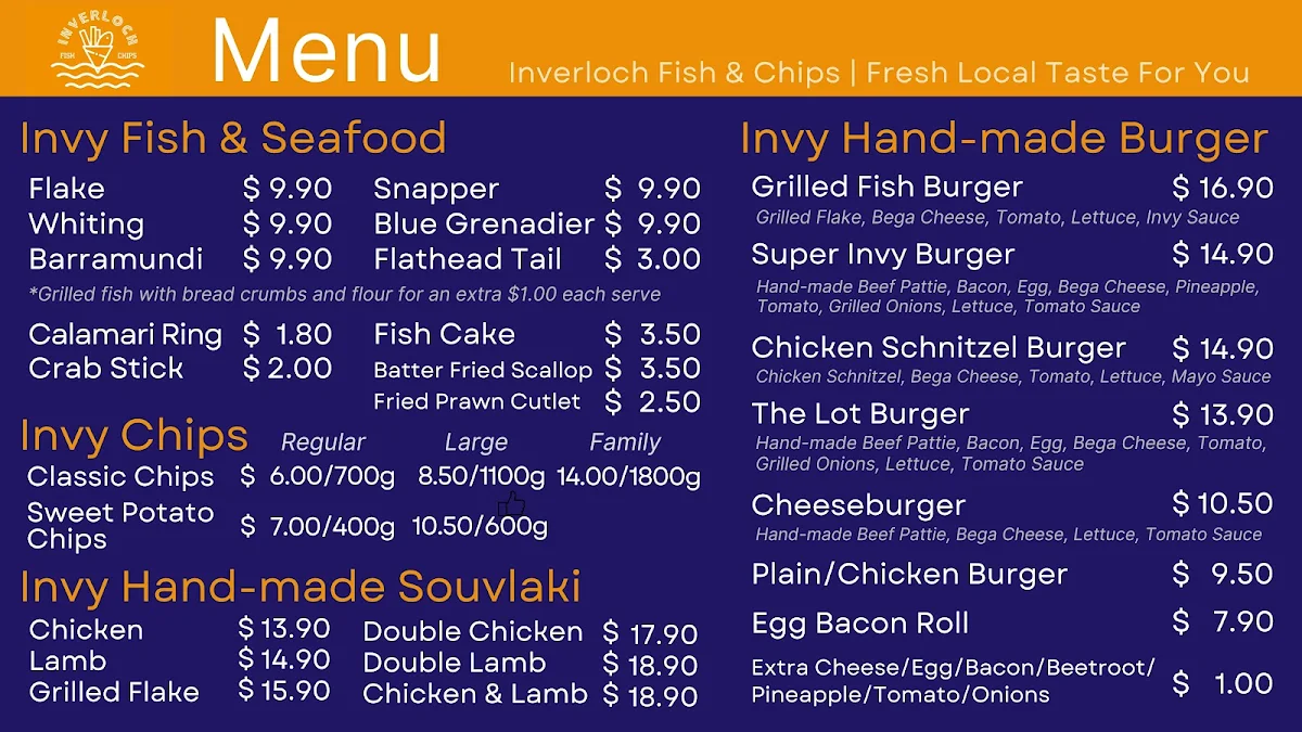 Menu, Inverloch Fish & Chips