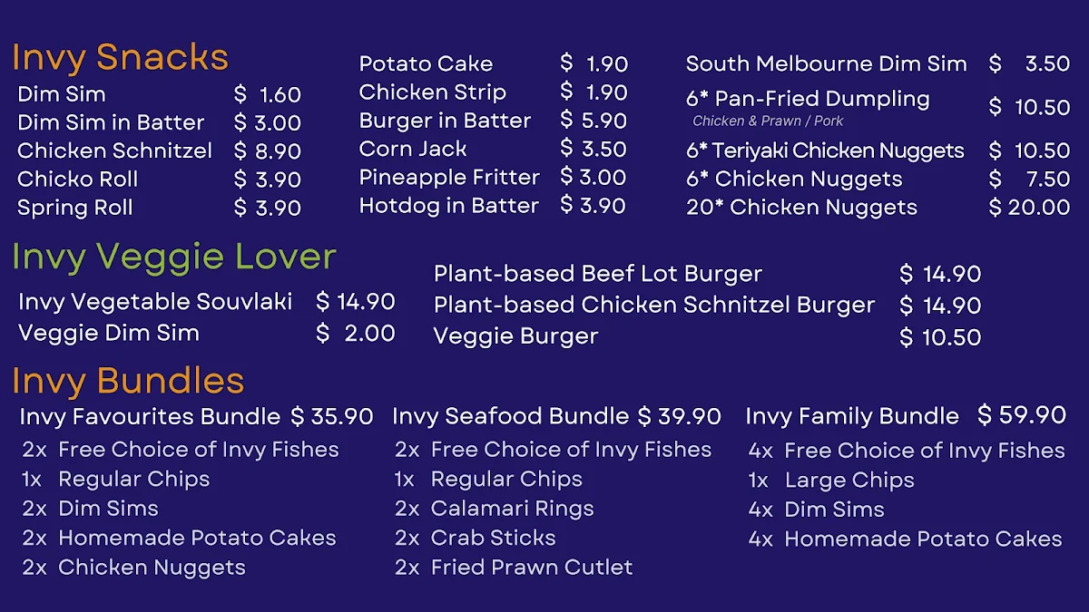 Menu, Inverloch Fish & Chips