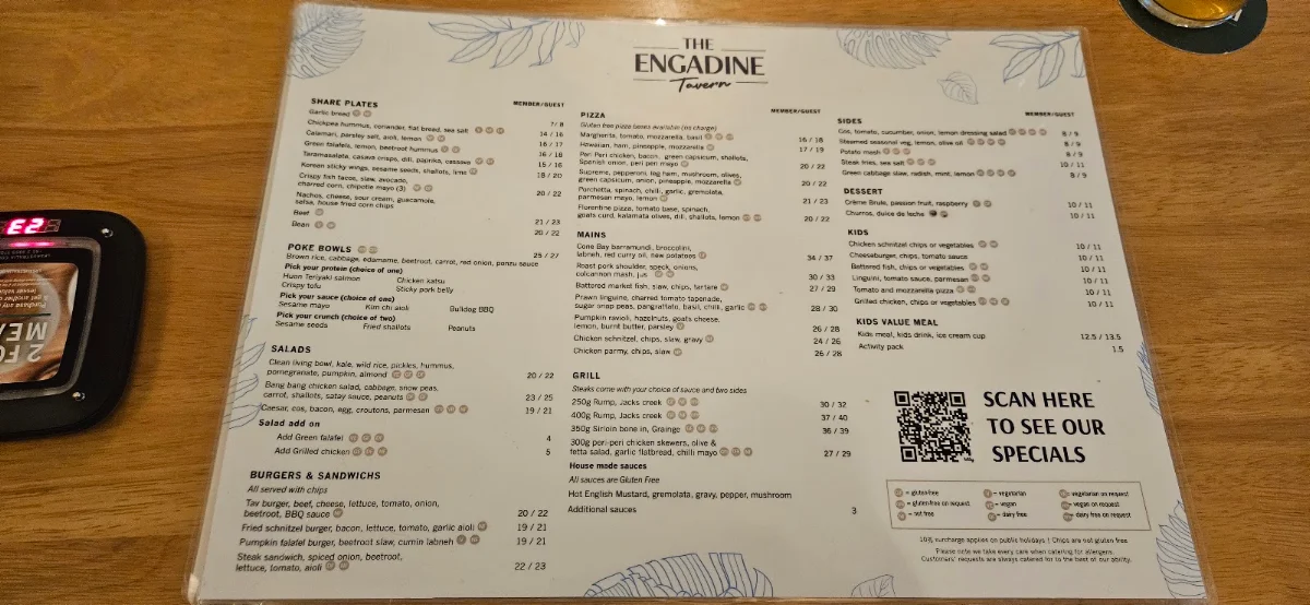 Menu, Engadine Tavern