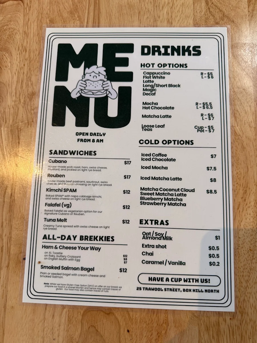 Menu, Cafe Kahvila