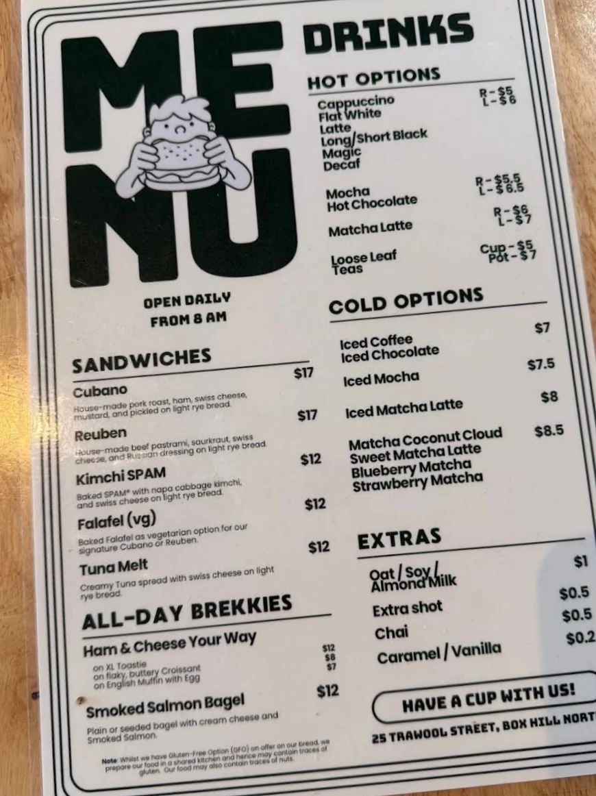Menu, Cafe Kahvila