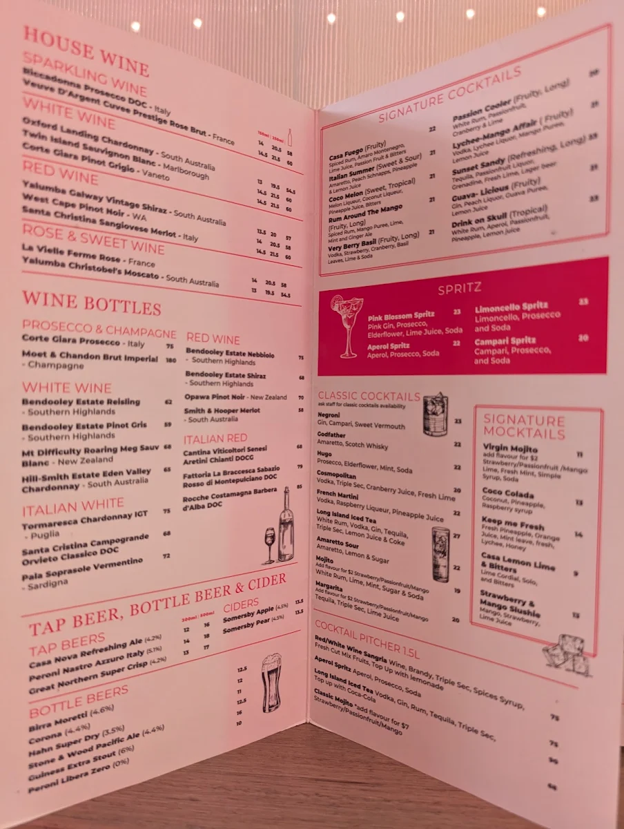 Menu, Casa Nova Italian Restaurant & Bar, Shellharbour