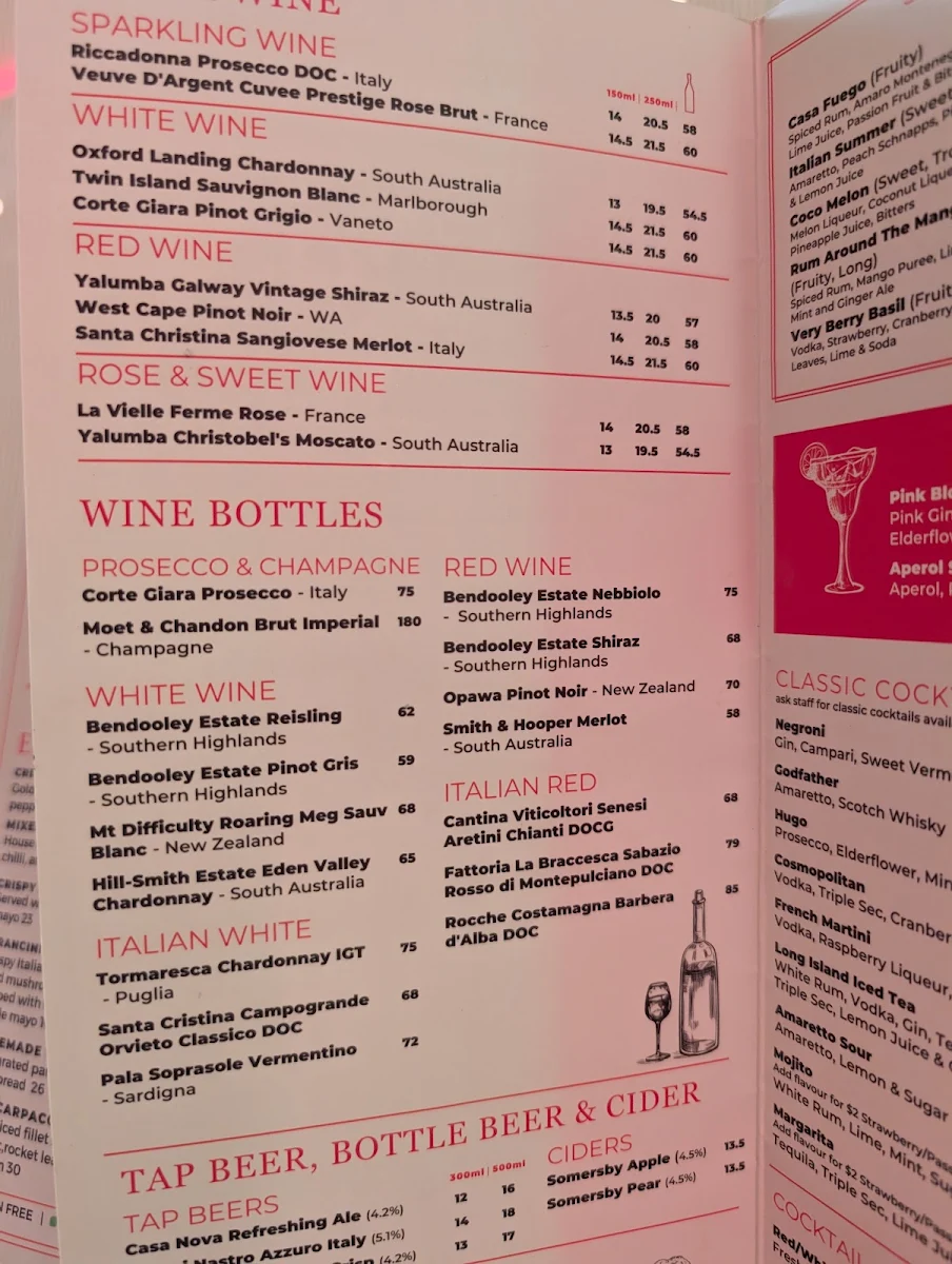 Menu, Casa Nova Italian Restaurant & Bar, Shellharbour