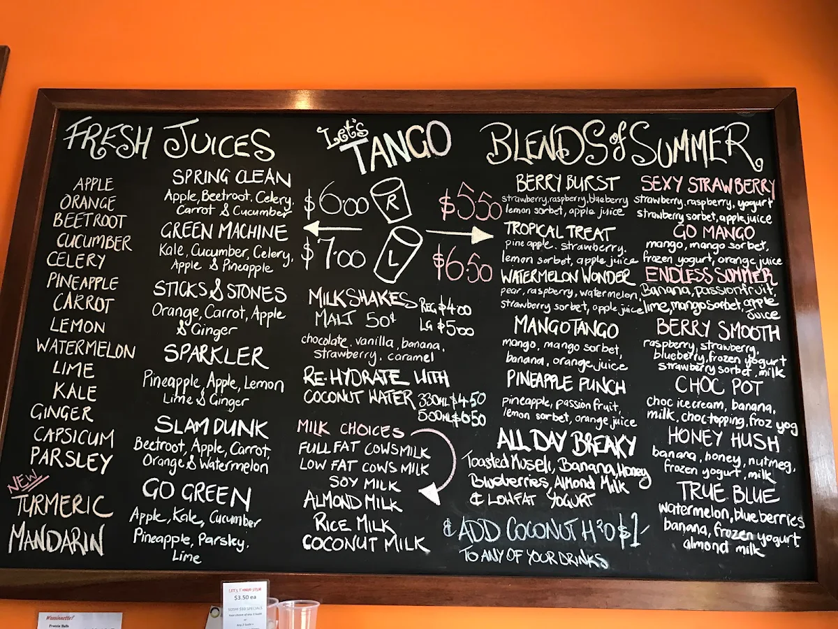 Menu, Tango Juice Bar & Ice-Creamery