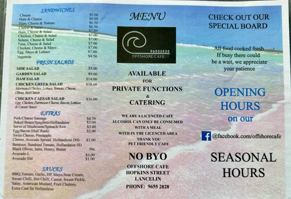 Menu, Offshore Cafe