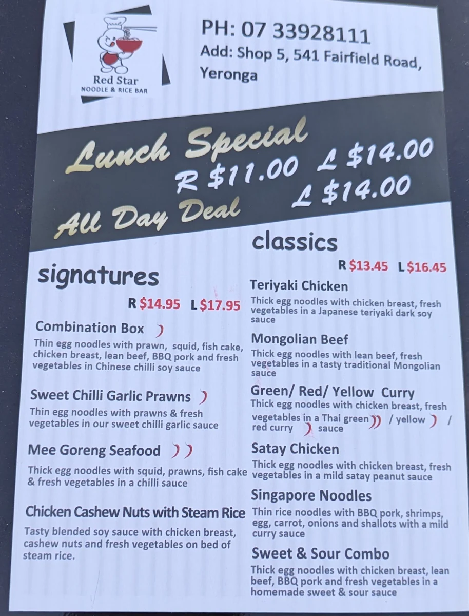Menu, Red Star Noodle & Rice Bar