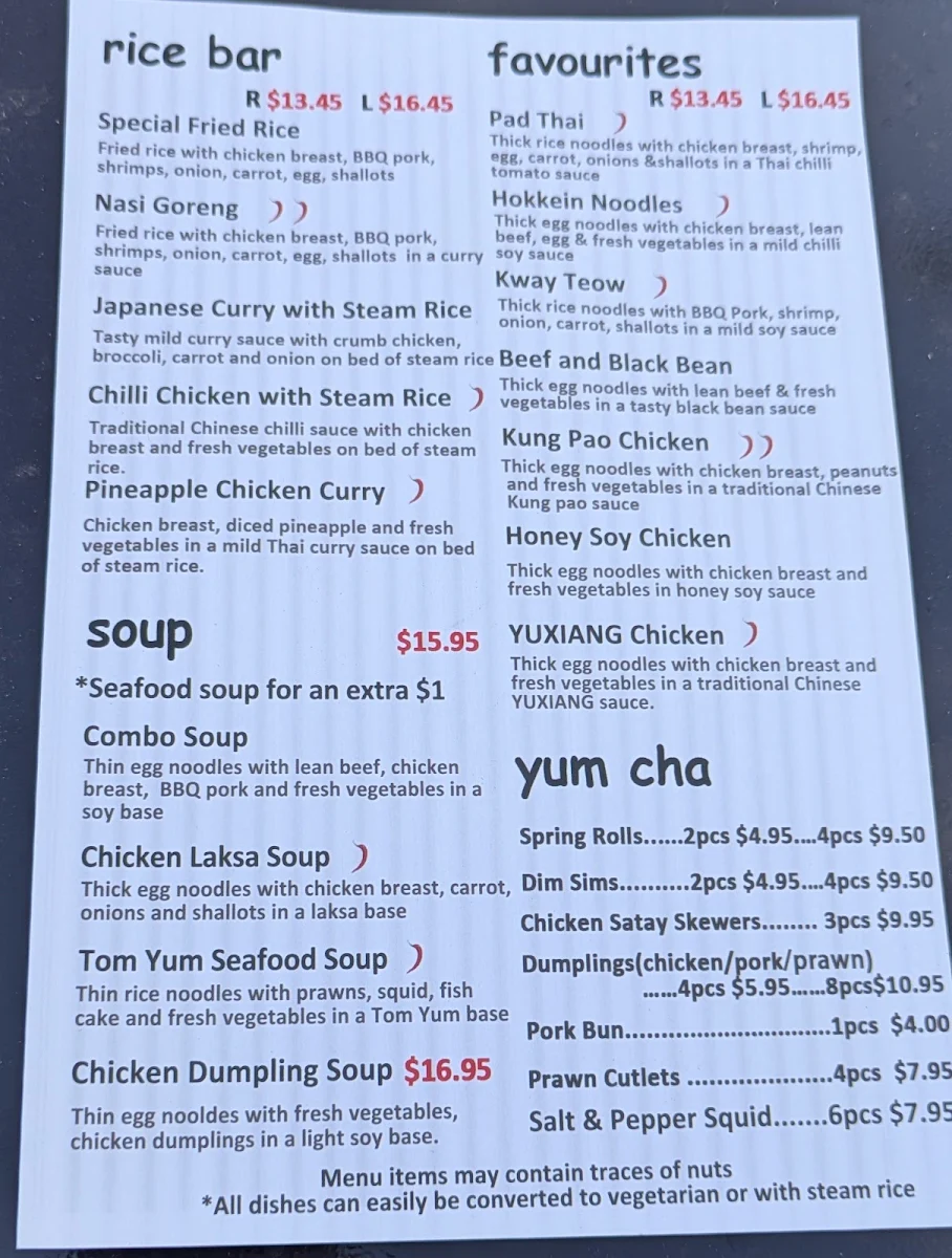 Menu, Red Star Noodle & Rice Bar