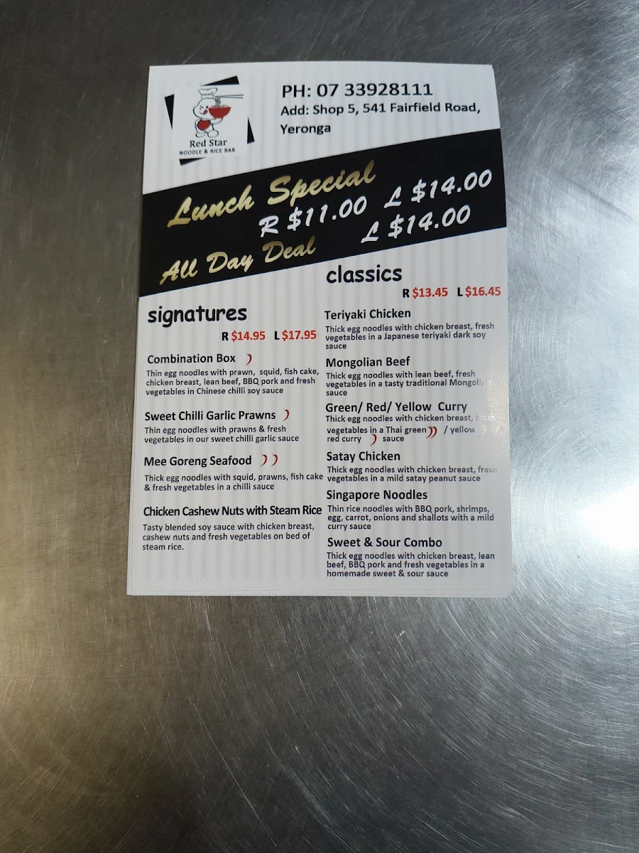 Menu, Red Star Noodle & Rice Bar