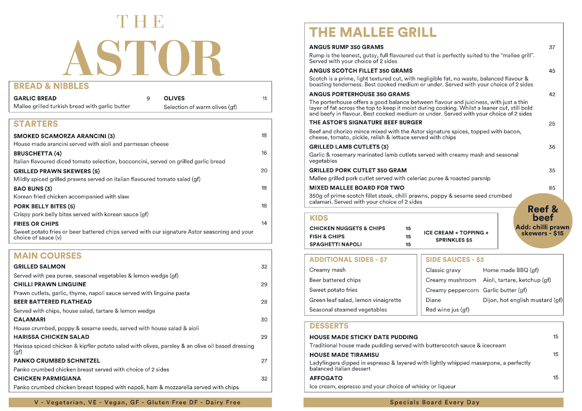 Menu, Astor Bar & Grill