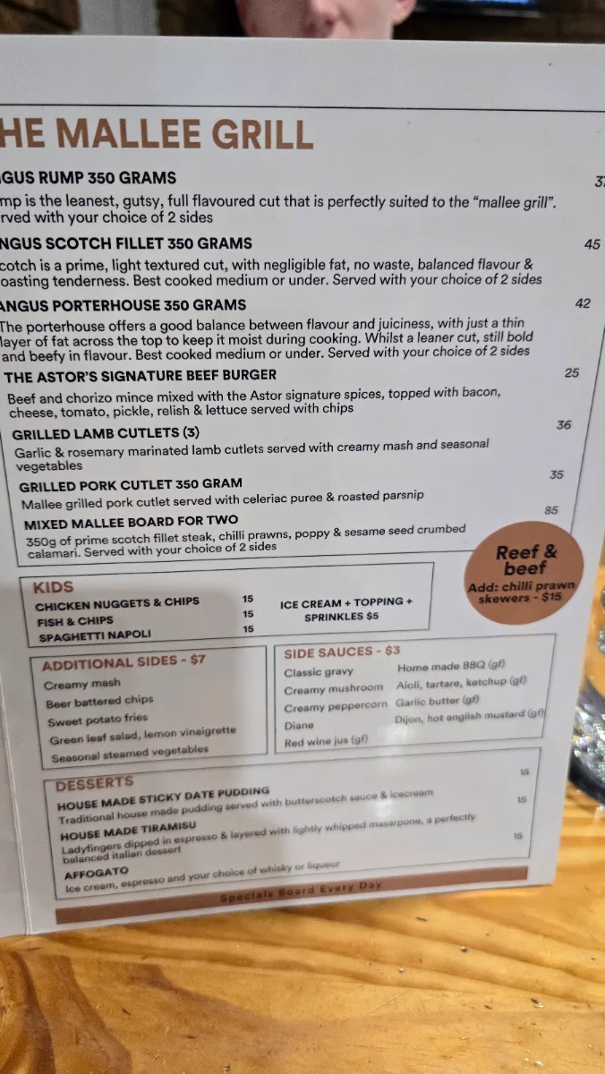 Menu, Astor Bar & Grill