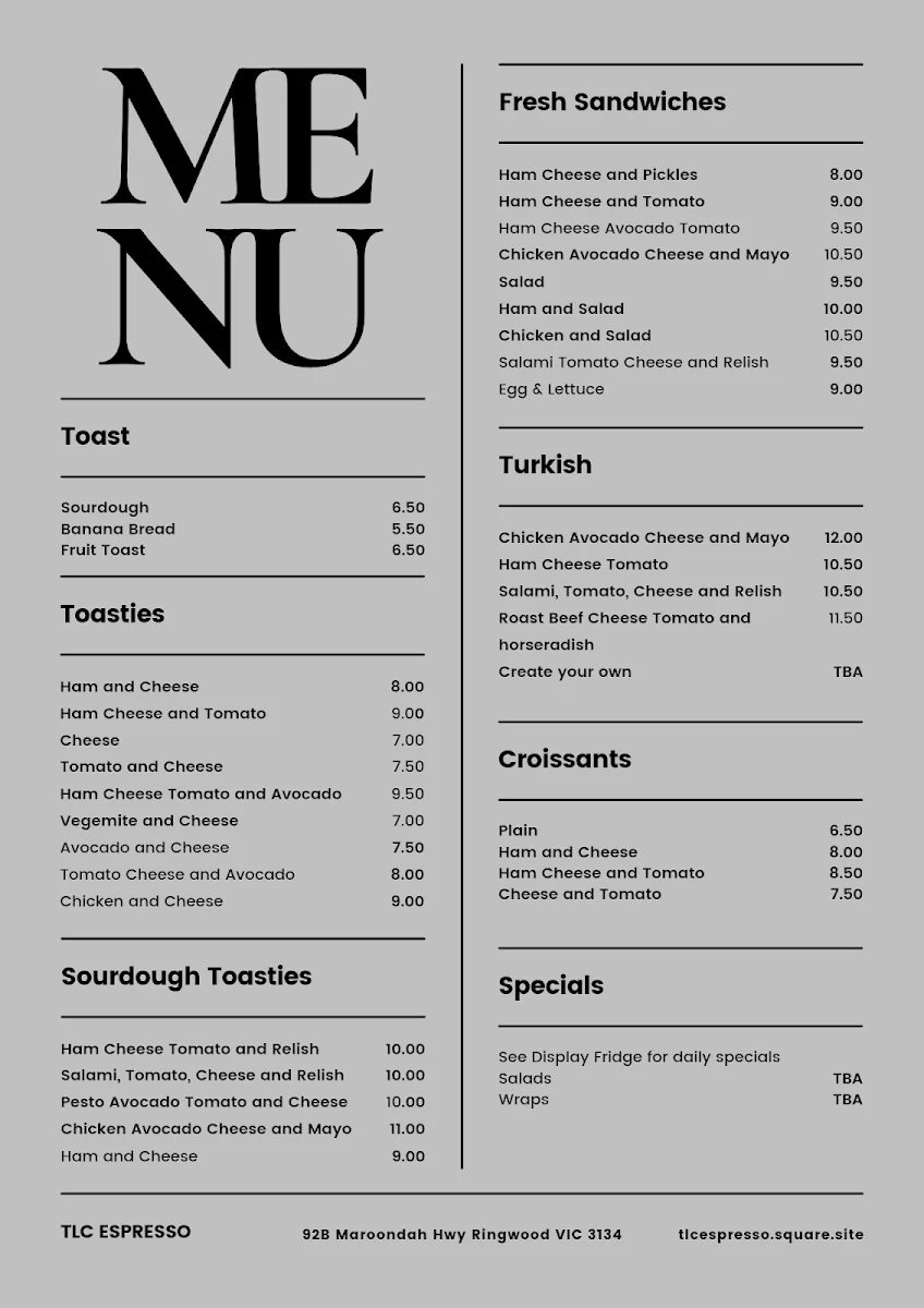Menu, TLCEspresso
