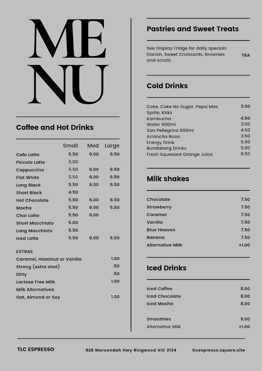 Menu, TLCEspresso