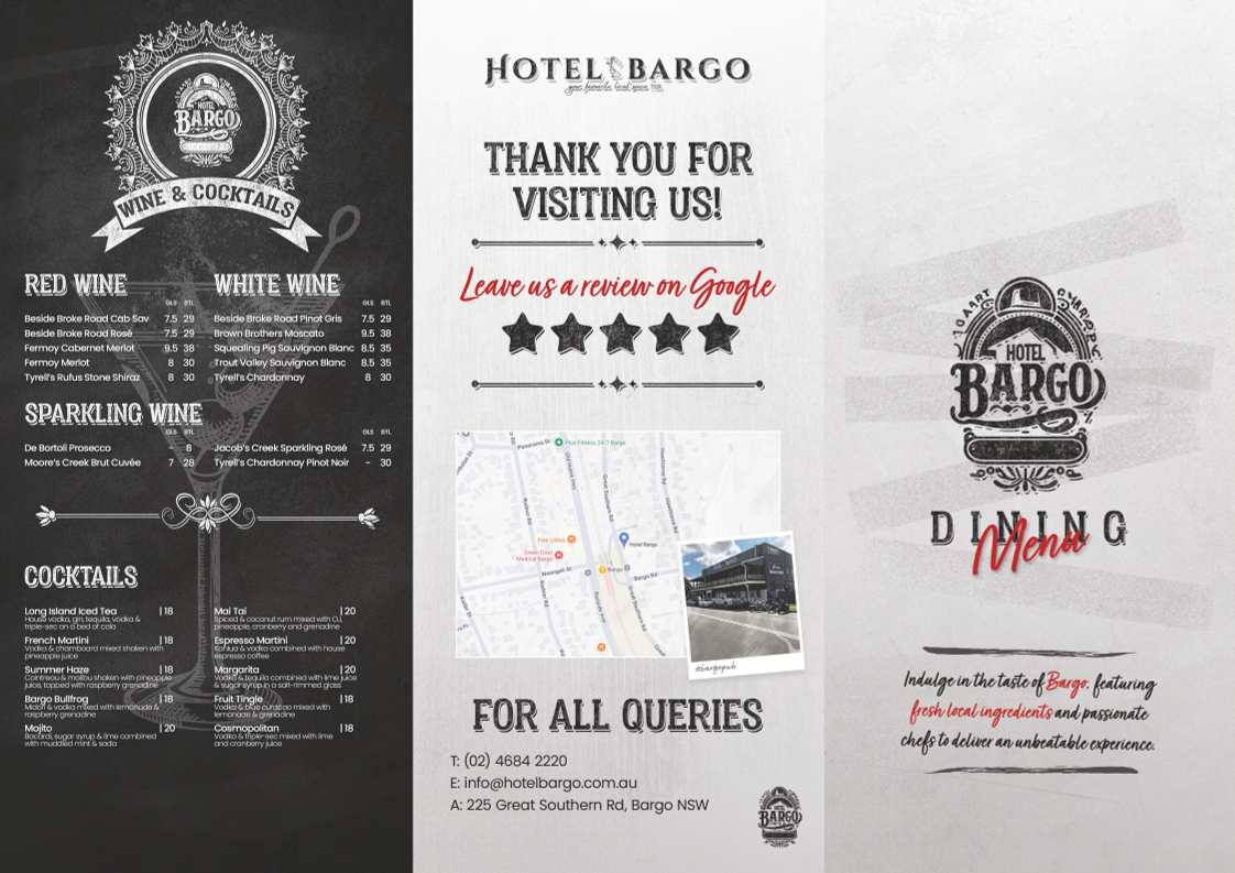 Menu, Hotel Bargo