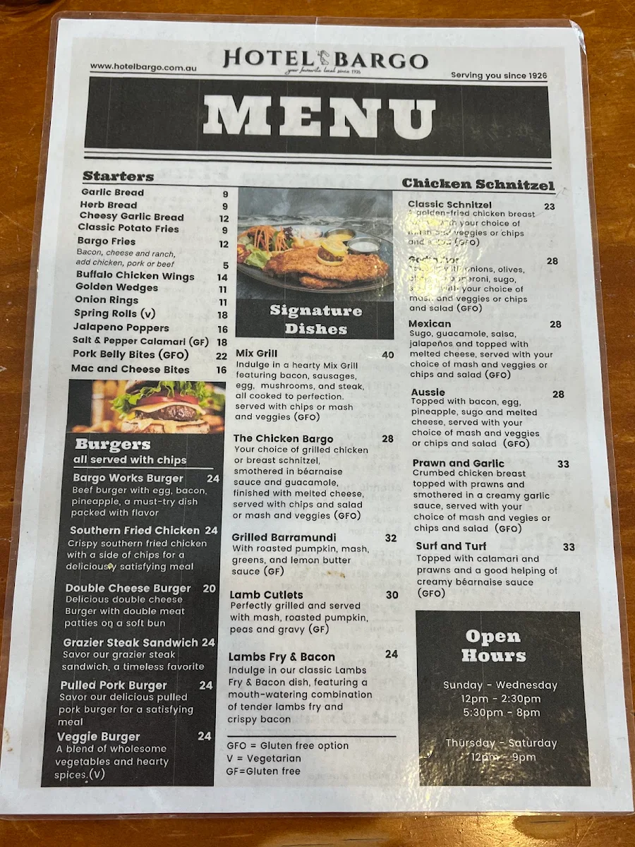 Menu, Hotel Bargo