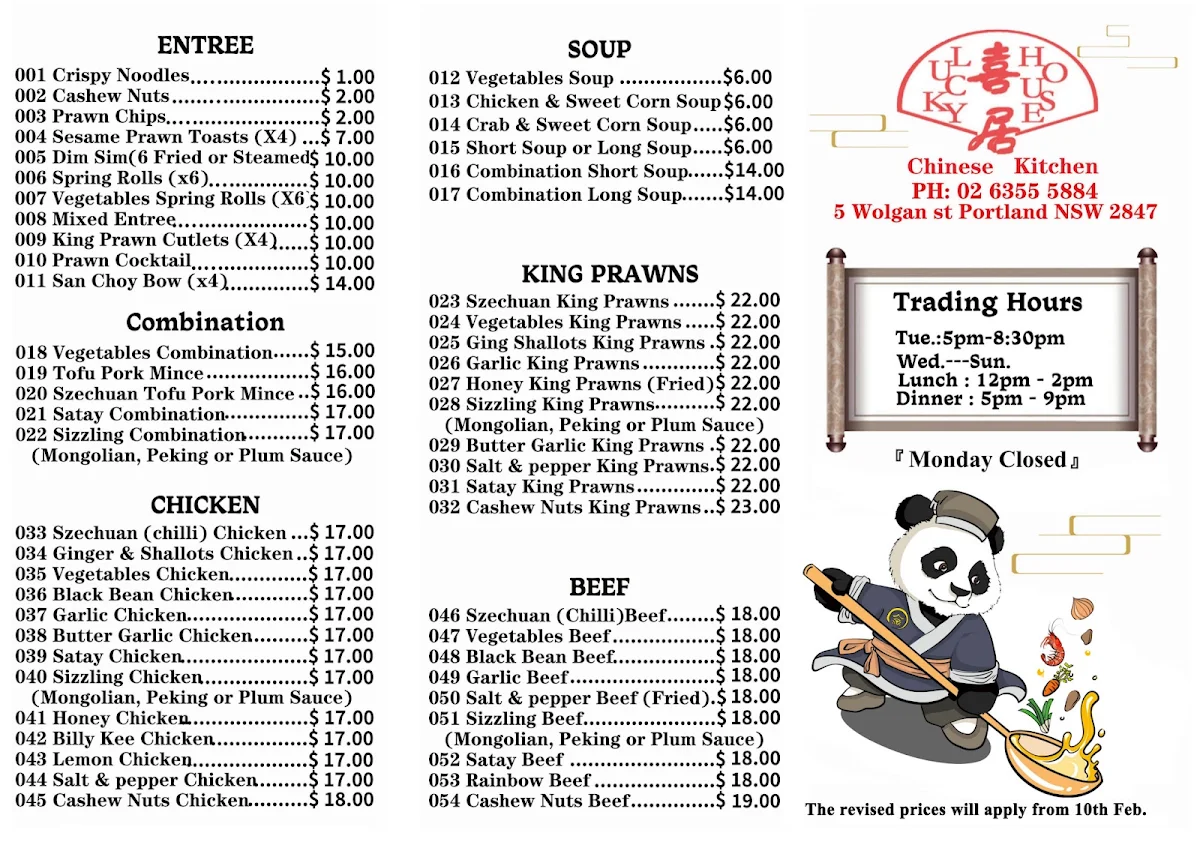 Menu, Lucky House (Chinese Kitchen Takeaway or Dine in)