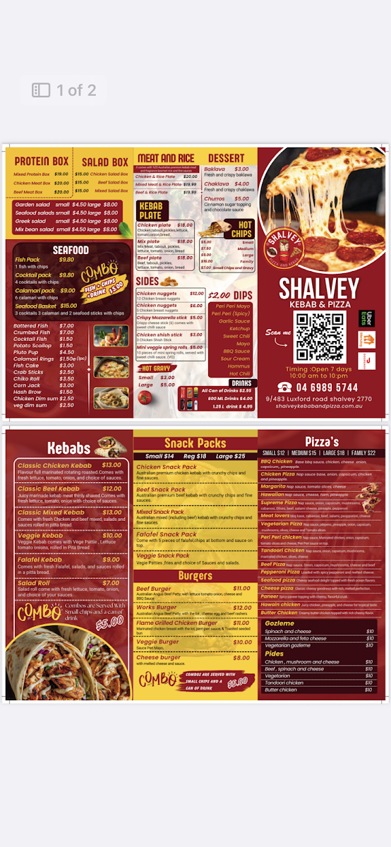 Menu, Shalvey kebab and pizza