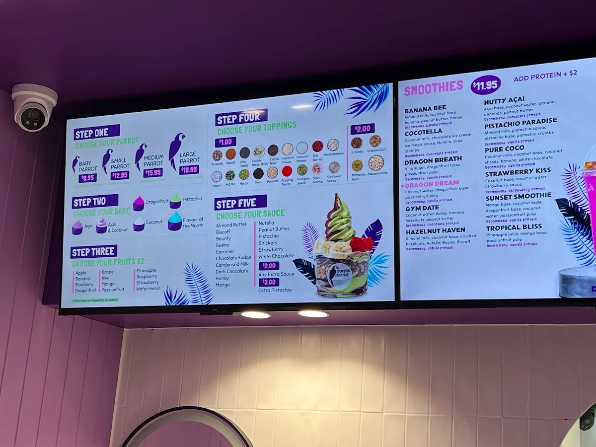 Menu, Purple Parrot Acai Newtown
