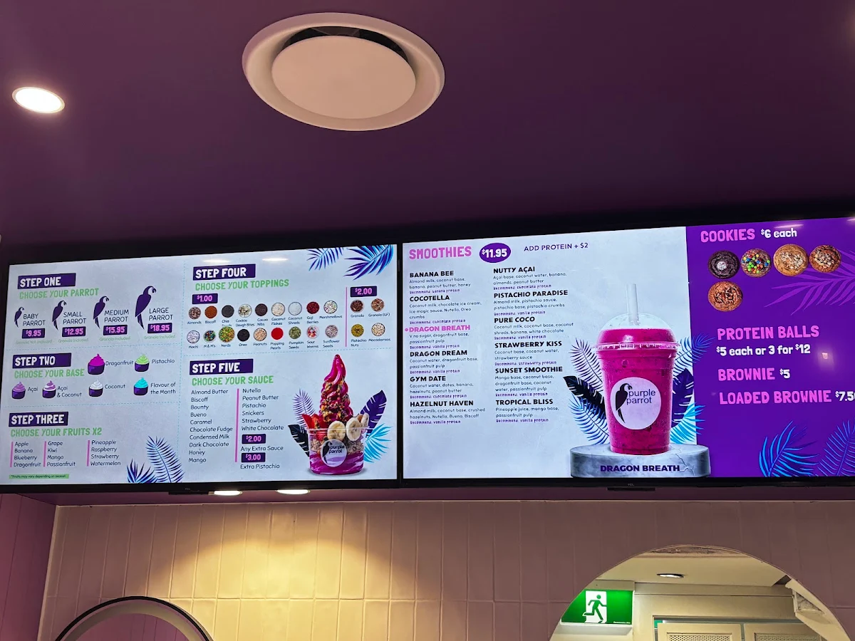 Menu, Purple Parrot Acai Newtown