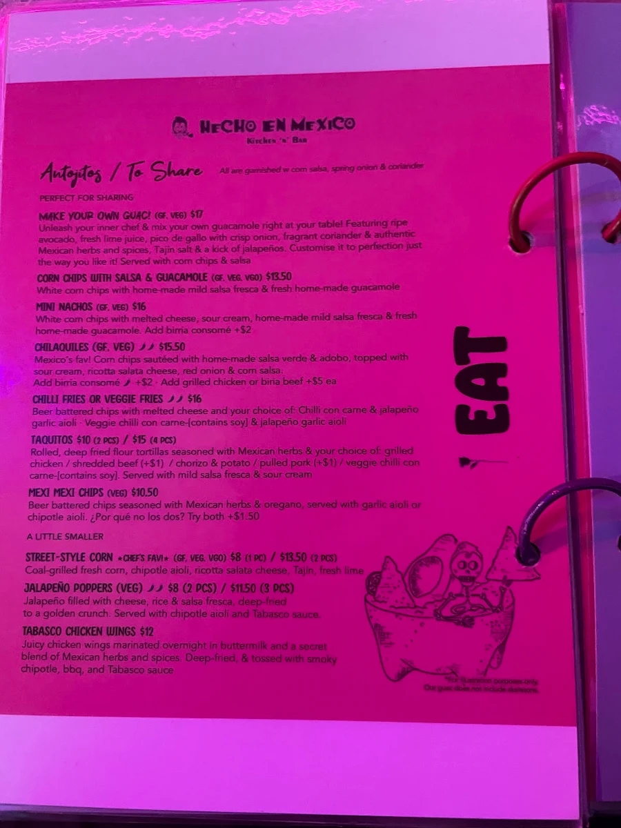 Menu, Hecho en Mexico Brighton