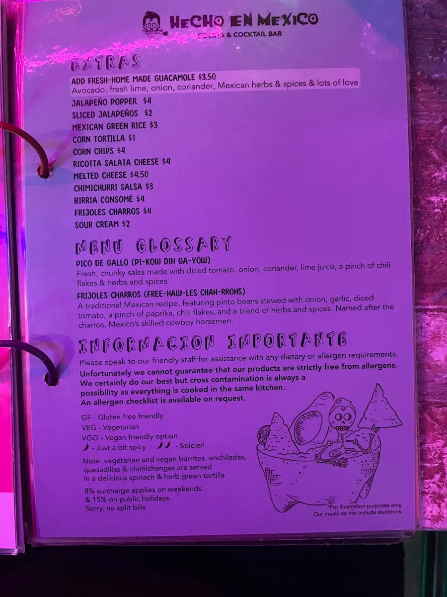 Menu, Hecho en Mexico Brighton
