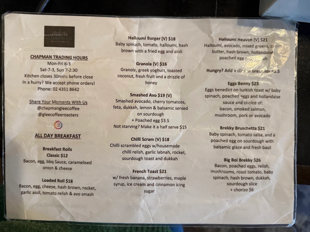 Menu, Glee Coffee Roasters Chapman
