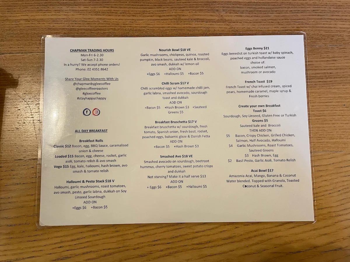 Menu, Glee Coffee Roasters Chapman