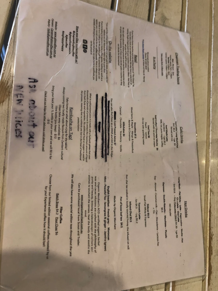 Menu, Glee Coffee Roasters Chapman