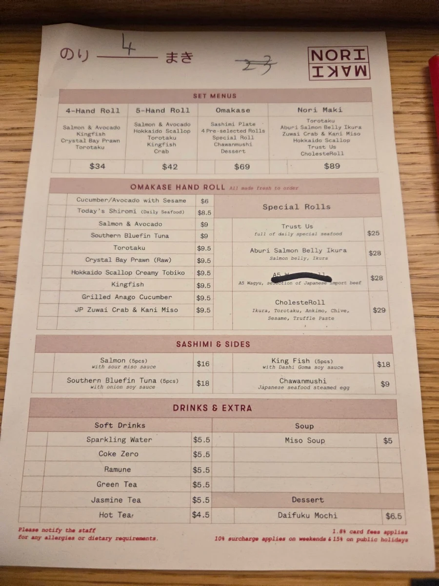 Menu, Nori Maki