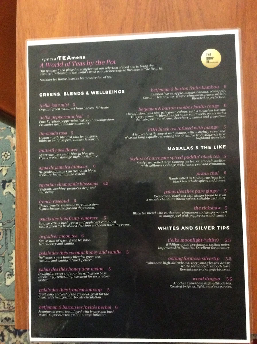 Menu, The Drop In Cafe