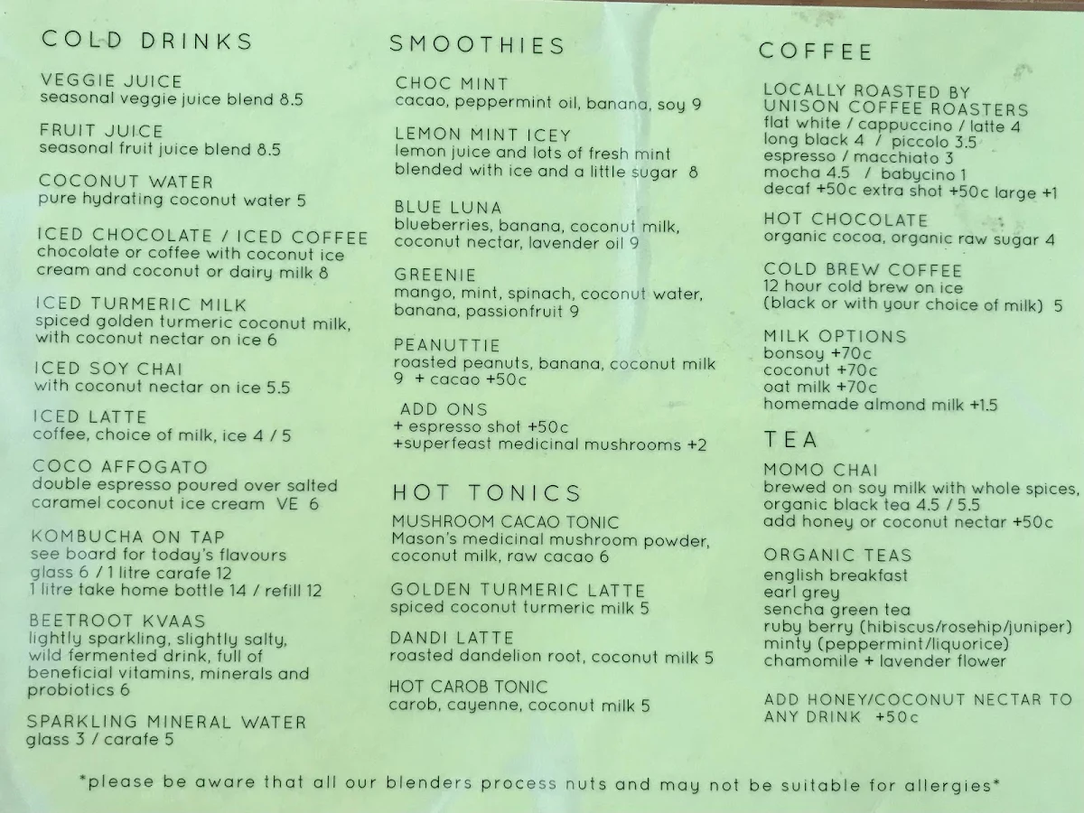 Menu, Momo Wholefood