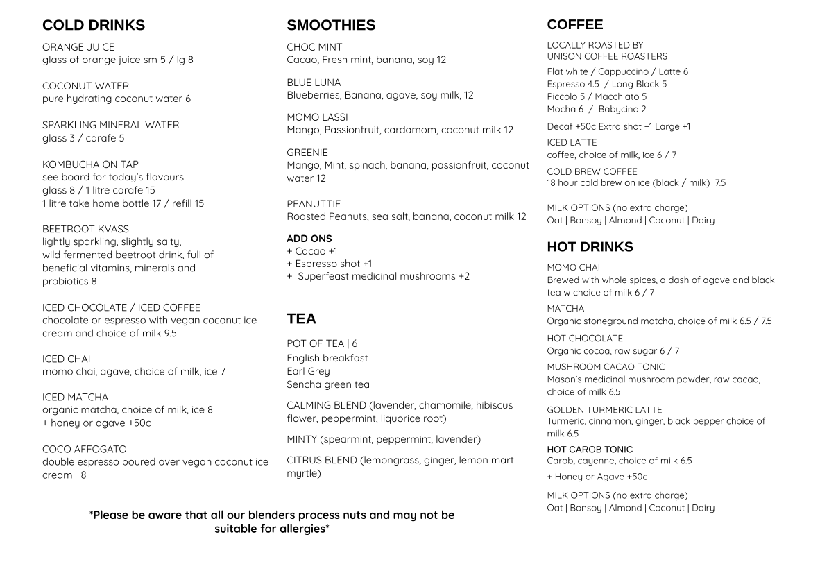 Menu, Momo Wholefood
